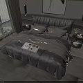 Modern Double Bed with Upholstered Headboard Grey Bedding Nightstand Wall Artwork and Scenic Window View