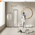 White Clothes On Display Racks With Blue Mannequin And Round Decor In Showroom