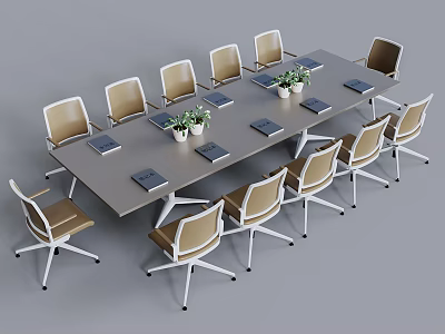 Modern Conference Table With Beige Office Chairs And Notebooks Potted Plants In Meeting Room Setup 3d model