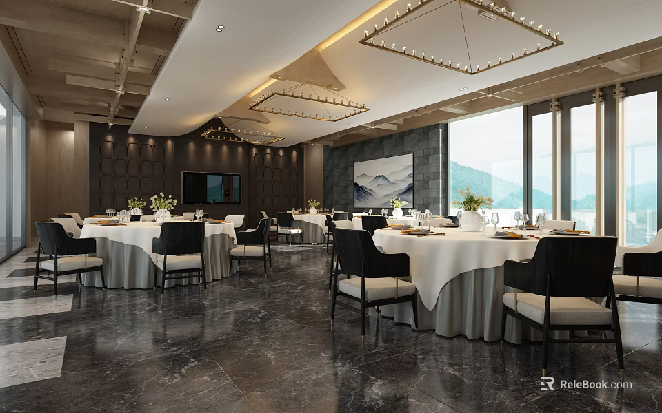Elegant Restaurant Interior With White Tablecloths Black Chairs And Large Windows 3d model 