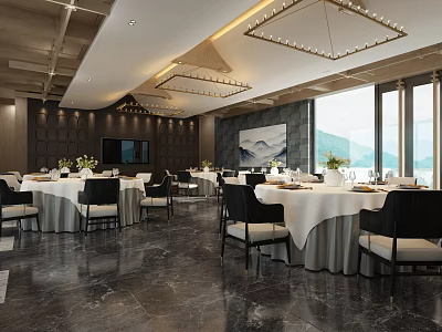 Elegant Restaurant Interior With White Tablecloths Black Chairs And Large Windows 3d model