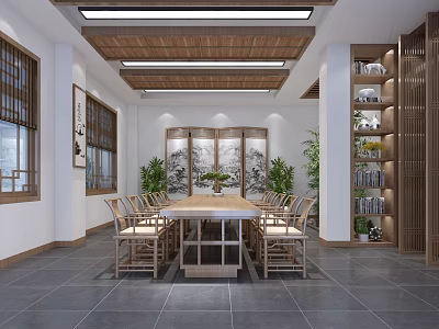 Chinese Traditional Style Meeting Room With Long Wooden Table Chairs Bookshelves Green Plants And Decor 3d model