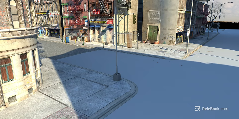 Traditional Commercial Street With Old Buildings Red Fire Escapes Storefronts And Sidewalks 3d model 