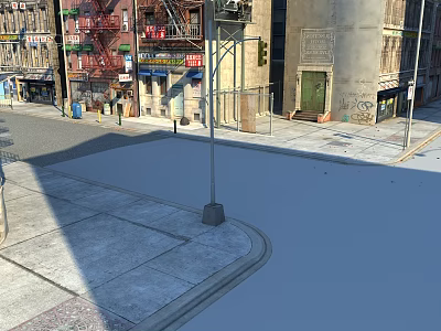 Traditional Commercial Street With Old Buildings Red Fire Escapes Storefronts And Sidewalks 3d model