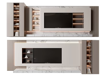 Modern TV Wall Design With Marble Finish Built in Storage Shelves And LED Lighting 3d model