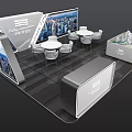 Modern Exhibition Booth Design With Large Screen Round Tables And City Model