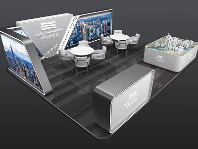 Modern Exhibition Booth Design With Large Screen Round Tables And City Model 3d model