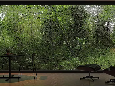 Tranquil Living Room Interior Design With Large Window Forest View And Table Chairs 3d model