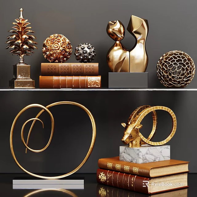 Golden Decorative Ornament Set With Sculptures Spherical Spiral Ram Head And Marble Black Bases 3d model 