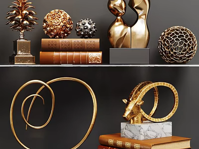 Golden Decorative Ornament Set With Sculptures Spherical Spiral Ram Head And Marble Black Bases 3d model
