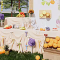 Colorful Parent Child Fruit Themed Photo Check in Spot With Welcome Sign Flowers And Grass Decorations