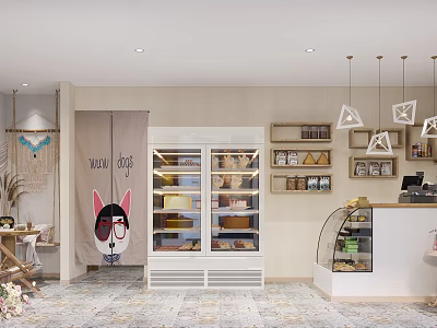 Cozy Dessert Shop Interior With Rabbit Design Curtain Refrigerated Display Cabinet And Hanging Lamps 3d model