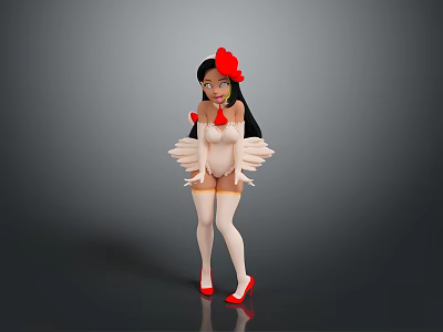 Elegant Female Character with White Bodysuit Red Headpiece White Wings and Red High Heels 3d model