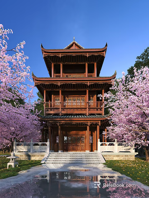 Traditional Chinese Wooden Pavilion With Three Stories Among Pink Cherry Blossoms And Blue Sky 3d model 