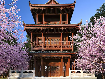 Traditional Chinese Wooden Pavilion With Three Stories Among Pink Cherry Blossoms And Blue Sky 3d model