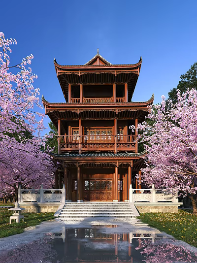 Traditional Chinese Wooden Pavilion With Three Stories Among Pink Cherry Blossoms And Blue Sky 3d model