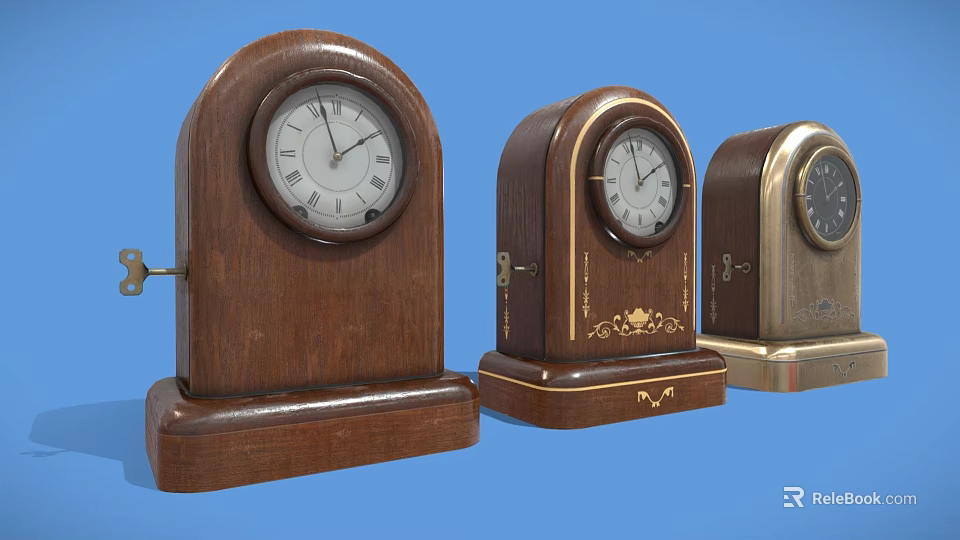 Three Vintage Wooden Mantel Clocks With Different Styles And Classic Design 3d model 