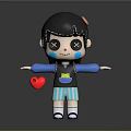 3D Cartoon Sculpture Carving With Black Hair Cross Eyes Blue Shirt Striped Shorts Red Heart