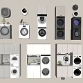 Modern Front Loading Washing Machines With Different Designs And Cabinet Units 3d model