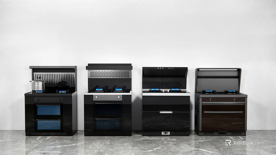 Modern Black Kitchen Appliances With Stove Tops Blue Control Knobs And Storage Cabinets 3d model
