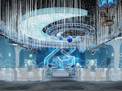 Elegant Modern Banquet Hall Interior With Crystal Chandeliers And White Dining Tables 3d model