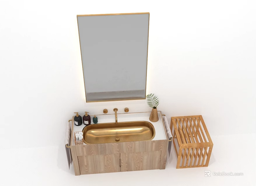 Wooden Bathroom Vanity Set With Golden Sink Mirror Cabinet And Storage Basket 3d model 