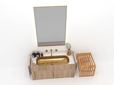 Wooden Bathroom Vanity Set With Golden Sink Mirror Cabinet And Storage Basket 3d model