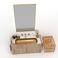Wooden Bathroom Vanity Set With Golden Sink Mirror Cabinet And Storage Basket