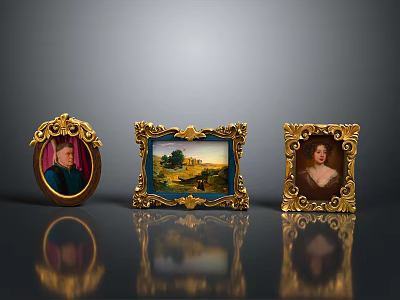 Ornate Decorative Golden Framed Furniture Featuring Portrait and Landscape Paintings 3d model