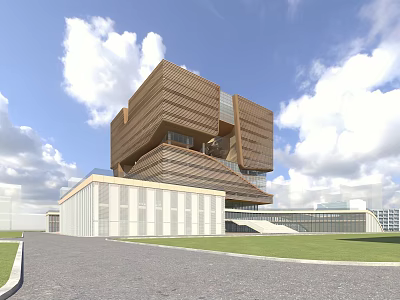 Modern Unique Office Building With Bronze Cladding Structure Green Lawn And Clear Sky 3d model
