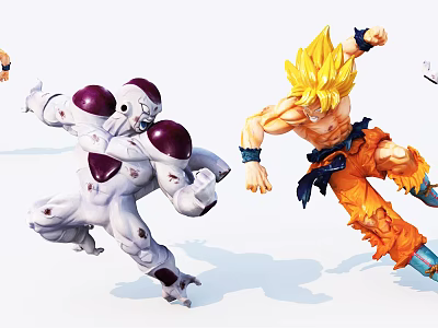 Super Saiyan Goku And Frieza In Dynamic Fighting Poses With Golden Hair And White Body 3d model