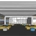 Modern School Lobby with Yellow Blue Seats Large Windows and Trees Outside 3d model