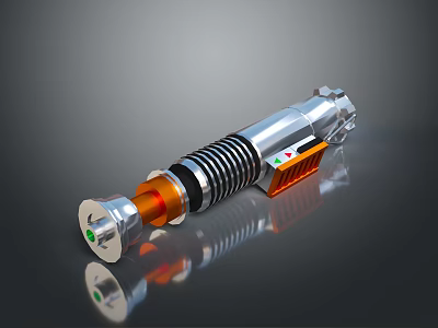Lightsaber Weapon Silver Orange With Black Stripes Green Indicator Light And Silver Base On Black Reflective Surface 3d model