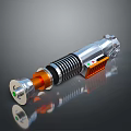 Lightsaber Weapon Silver Orange With Black Stripes Green Indicator Light And Silver Base On Black Reflective Surface