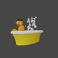 Cheerful Orange Cartoon Character Holding Yellow Rubber Duck With Bubbles