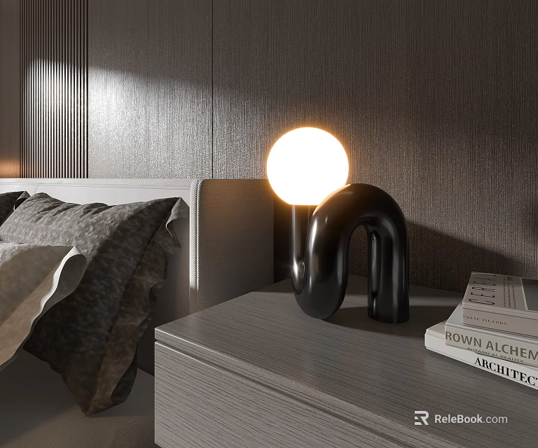 Decorative Bedside Lamp With Black U Shaped Base Round Bulb On Wooden Nightstand Gray Wall 3d model 