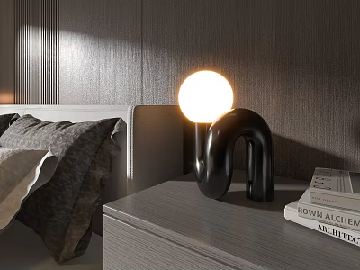 Decorative Bedside Lamp With Black U Shaped Base Round Bulb On Wooden Nightstand Gray Wall 3d model