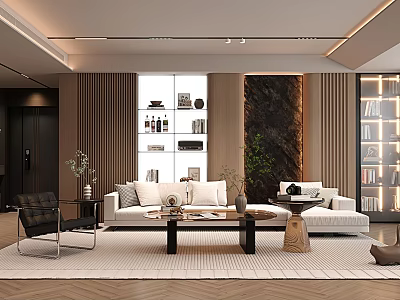 Modern Living Room Interior Design With White Sofa Coffee Table And Marble Accent Wall 3d model