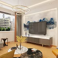 Modern Living Room Interior With Circular Chandelier TV Wall And City View Window