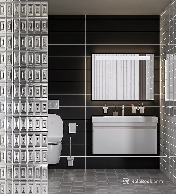 Bathroom White Sink Vanity With Mirror On Black Tiled Wall And Diamond Pattern Tiles 3d model 