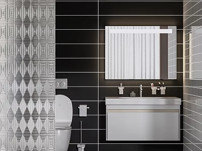 Bathroom White Sink Vanity With Mirror On Black Tiled Wall And Diamond Pattern Tiles 3d model