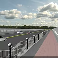 Road Facilities With Two Way Traffic Lanes White Railings Red Footpath And Green Trees