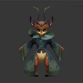Fantasy Character Creature With Green Eyes Pointed Ears Orange Body Blue Robe And Green Patterns