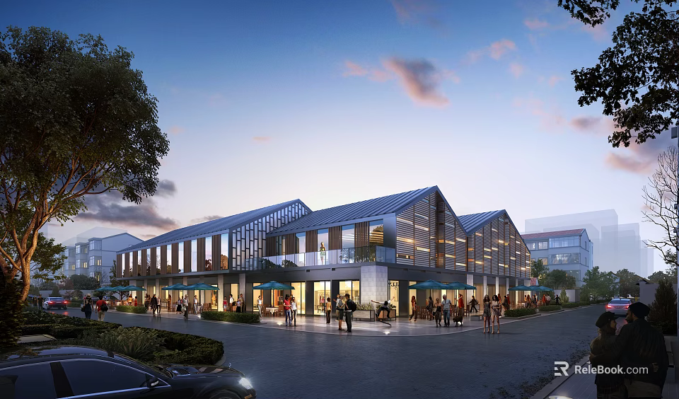 Bustling Modern Commercial Street Evening View with Glass Buildings Pedestrians and Trees 3d model 