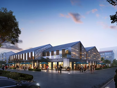Bustling Modern Commercial Street Evening View with Glass Buildings Pedestrians and Trees 3d model