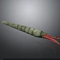 Green striped squid with long body and red tentacles on dark background