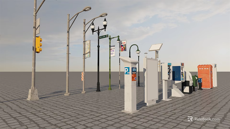 Urban Road Facilities With Street Lamps Traffic Lights Parking Meters Solar Devices And Trash Bins 3d model 