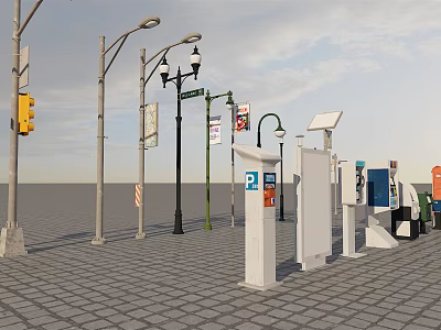 Urban Road Facilities With Street Lamps Traffic Lights Parking Meters Solar Devices And Trash Bins 3d model
