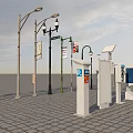 Urban Road Facilities With Street Lamps Traffic Lights Parking Meters Solar Devices And Trash Bins