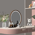 Pink Dressing Table With Round LED Mirror Countertop Perfume Bottles Stuffed Bear And Open Shelves